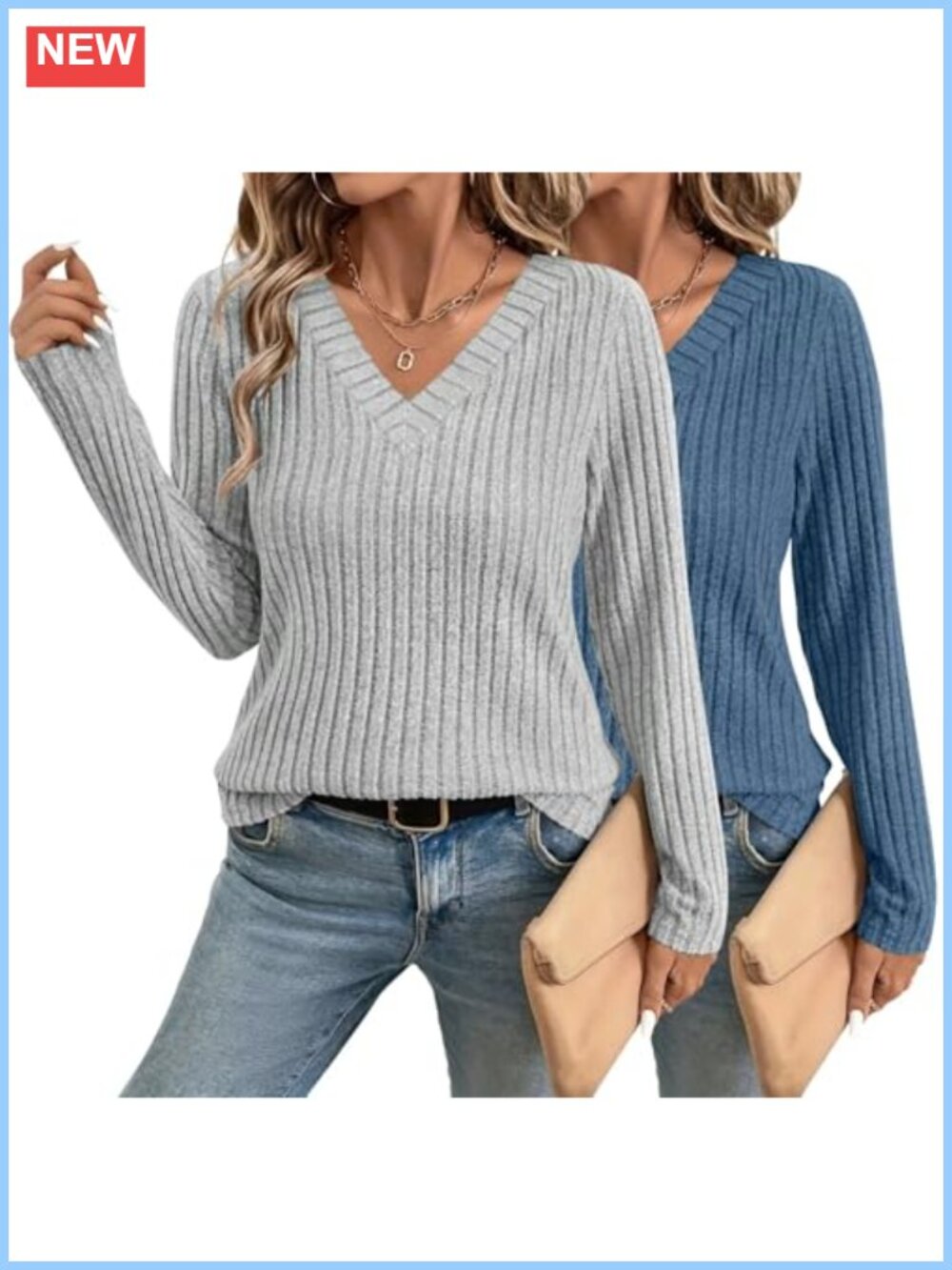 Women's Long Sleeve V Neck Ribbed Knit Pullover Sweater Tunic Top